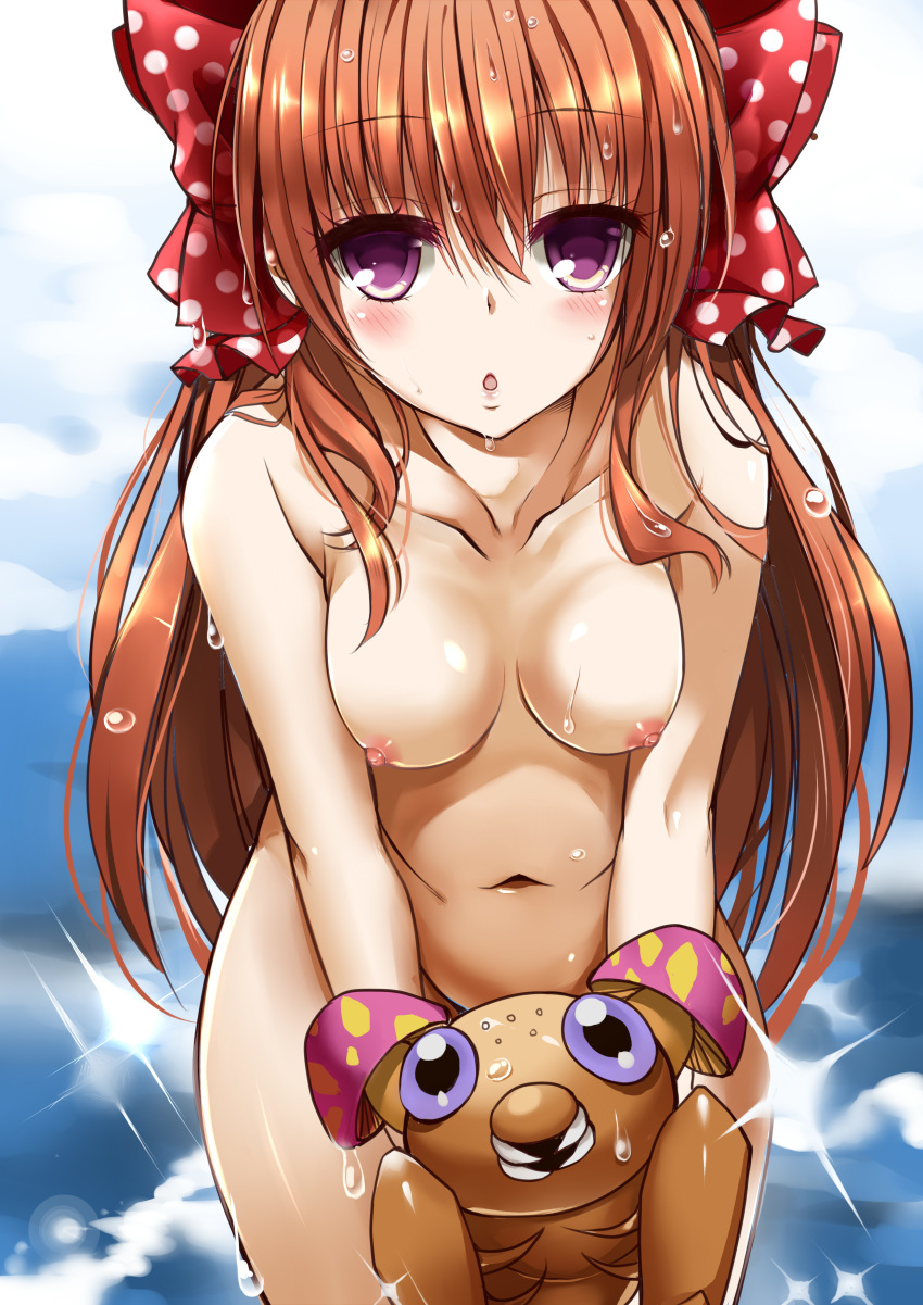 1girls ambiguous_gender belly blush breasts crossover fungi_fauna gekkan_shoujo_nozaki-kun holding human insect mushroom navel nintendo nude orange_hair paras pokemon purple_eyes sakura_chiyo size_difference wet