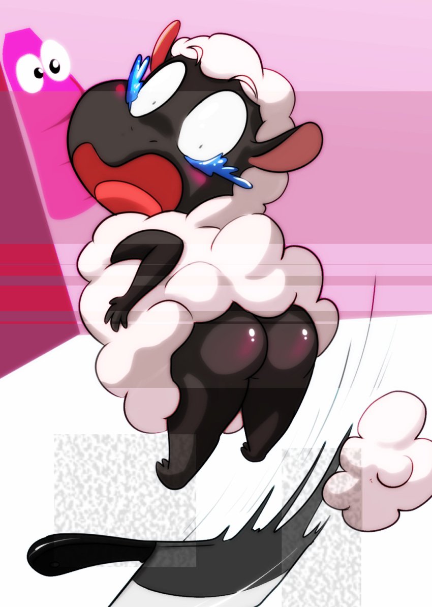 amanda_the_adventurer anthro ass ass ass_focus assisted_exposure black_body blush bovid bovine butcher_knife butt_focus caprine cleaver embarrassed furry hooves knife lamb lkiws male male_focus male_only sheep shocked shocked_expression suprised suprised_expression tears vhs_filter white_fur wool_(fur) wooly_(amanda_the_adventurer)