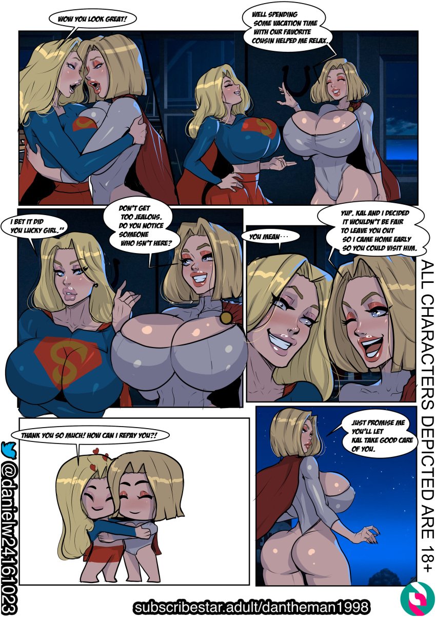 big_ass big_booty big_breasts big_butt character_name comic dantheman dc dc_comics hugging kara_danvers kara_zor-el karen_starr lasgaclaven power_girl skimpy skimpy_clothes skimpy_costume skimpy_outfit speech_bubble supergirl superman_(series) text