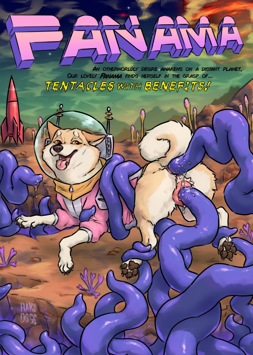 absurd_res amber_eyes anal anal_sex anus astronaut bodily_fluids brown_nose canid canine canine_vulva canis domestic_dog double_penetration english_text female female_penetrated feral fur hakudoge hi_res mammal panama_(hakudoge) penetration pink_vulva purple_tentacles quadruped rocket rocket_ship sex shiba_inu solo spacesuit spitz tan_body tan_fur tentacle tentacle_in_ass tentacle_in_vagina tentacle_penetration tentacle_sex text tongue tongue_out vaginal_penetration vaginal_penetration