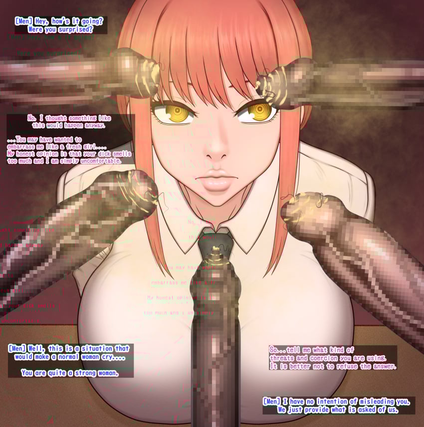 english_text foreskin grace_face_248 makima_(chainsaw_man) office_clothing penis red_hair smegma smell stray_pubic_hair surrounded_by_penises uncircumcised uncircumcised_penis yellow_eyes