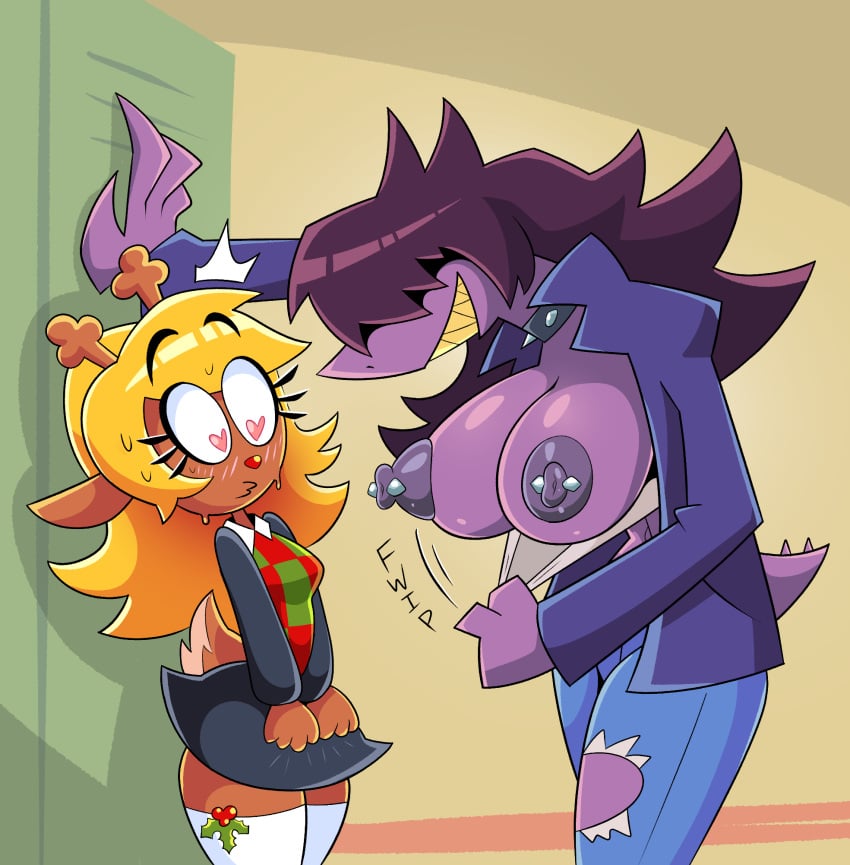 anthro ass big_breasts big_butt blonde_hair blush bottomwear breasts breasts_bigger_than_head clothing clothing_pull collar deer deltarune denim denim_bottomwear denim_clothing drshanks24 duo fangs female female/female fur hair hair_over_eye heart_eyes heart_symbol hi_res jacket jeans kabedon legwear mammal midriff mistletoe navel new_world_deer nipple_piercing nipples noelle_holiday pants piercing plant purple_body purple_hair purple_nipples purple_scales red_nose reindeer reptile revealing_breasts scales scalie skirt spiked_collar spikes stockings susie_(deltarune) tail tan_body tan_fur teeth thick_thighs tight_clothing topwear tube_top undertale_(series) wide_hipped_anthro wide_hipped_female wide_hips