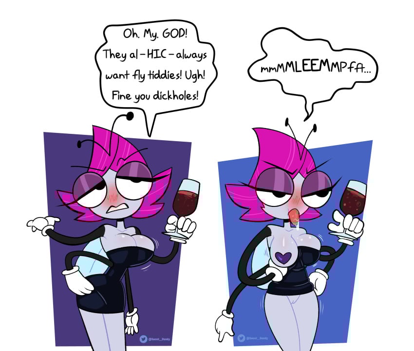 2020 absurd_res antennae_(anatomy) anthro arthropod black_clothing black_dress breasts clothing container cup disney dress drinking_glass english_text female fly_(animal) genitals glass glass_container glass_cup gloves hair handwear hi_res insects maggie_pesky monamania pink_hair presenting presenting_breasts presenting_vulva pussy solo text the_buzz_on_maggie vulva white_clothing white_gloves white_handwear wine_glass wings