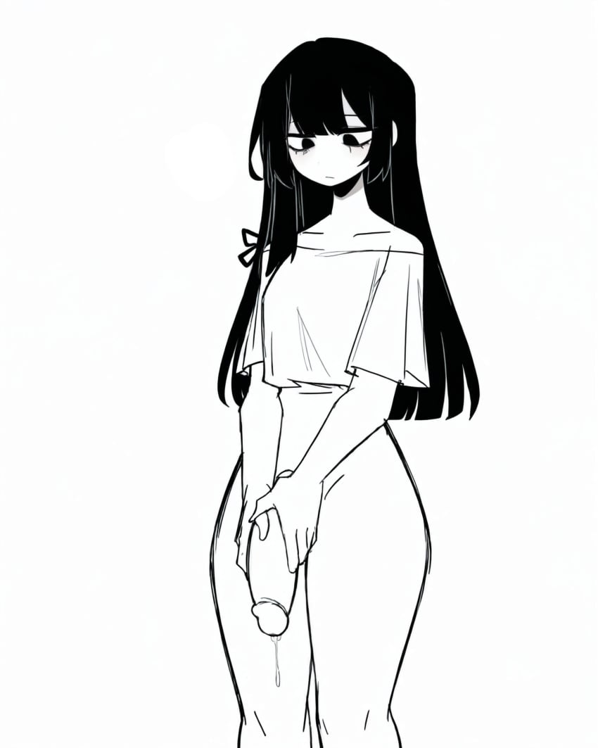 1futa absurd_res ai_generated asymmetrical_hair black_and_white black_eyes black_hair bottomless dickgirl falsegate flat_chest flat_colors flat_shading futanari ghost_and_pals hands_on_own_penis hands_on_penis highres intersex large_penis leaking_precum long_hair looking_down mariyam_(qualia_automata) monochrome mv_character precum qualia_automata self_upload short_sleeves shoulders simple_background solo stable_diffusion standing team_6x111 vane_lily white_background white_shirt white_skin