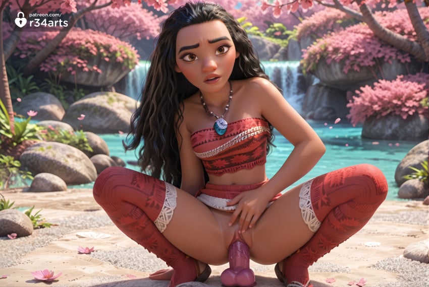 1girls ai_generated bare_shoulders black_hair brown_eyes cherry_blossoms dark-skinned_female dark_skin dildo dildo_in_pussy dildo_insertion dildo_riding disney disney_princess female female_masturbation flower hi_res jewelry lips loli long_hair looking_at_viewer masturbation moana moana_2 moana_waialiki necklace no_panties object_insertion outdoors parted_lips petals pussy r34arts red_thighhighs sex_toy skirt skirt_lift solo spread_legs squatting strapless thighhighs tube_top uncensored vaginal_insertion vaginal_masturbation vaginal_object_insertion vaginal_penetration water