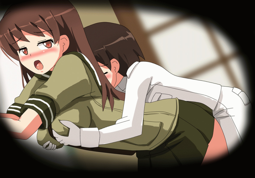 1boy admiral_(kantai_collection) animated blush breast_grab brown_eyes brown_hair closed_eyes clothed_sex female gloves grabbing green_skirt hangaku heart heart-shaped_pupils kantai_collection little_boy_admiral_(kantai_collection) long_hair ooi_(kantai_collection) open_mouth pants pleated_skirt skirt symbol-shaped_pupils white_gloves white_pants