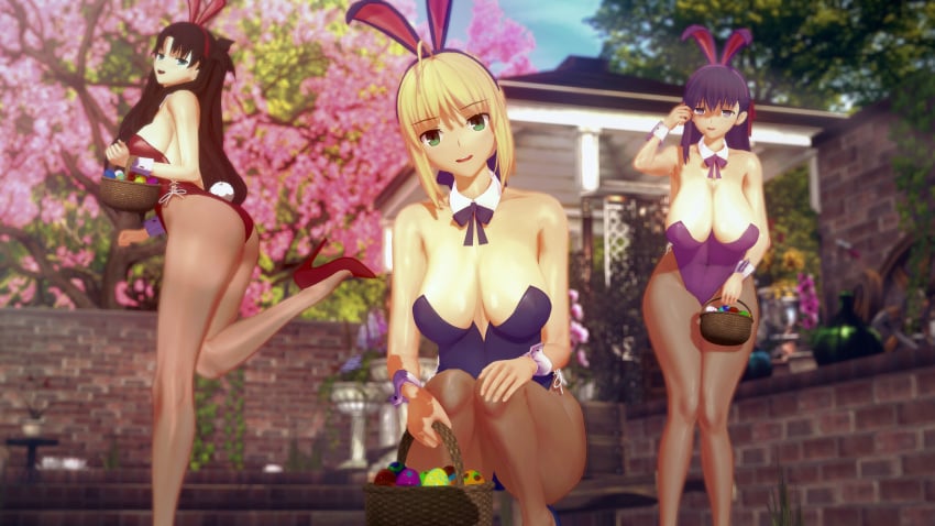 3d artoria_pendragon black_hair blonde_female blonde_hair blue_eyes bunny_ears bunny_girl bunnysuit easter fate/grand_order fate_(series) green_eyes inminent_sex koikatsu leotard matou_sakura purple_eyes purple_hair tohsaka_rin