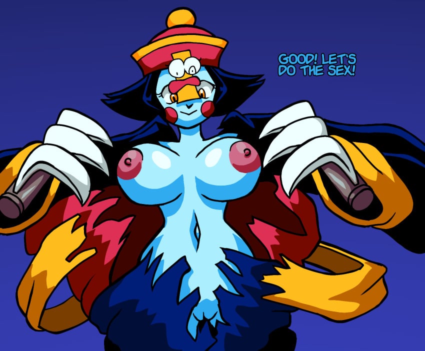 2girls blue_skin breasts consensual darkstalkers dialogue flashing horny_female hsien_ko jiangshi_costume lei-lei mei-ling pink_dress pussy ripping_clothing simple_background surprised vagina vampire_(game) waiting_for_sex