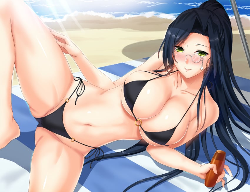 beach bikini black_bikini black_hair blush breasts cleavage female green_eyes highres holding large_breasts long_hair monocle navel o-ring_bikini original ponytail shibayuki side-tie_bikini smile solo spread_legs swimsuit tied_hair very_long_hair