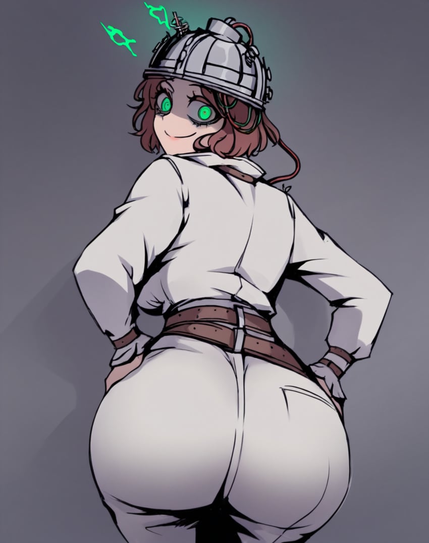 1girls absurd_res ai_generated alternate_version_available ass ass_focus belt belts breasts breasts_visible_from_back brown_belt brown_hair creepy falsegate green_eyes hands_on_hips helmet highres identity_v idv large_ass large_breasts looking_back metal_helmet official_alternate_costume short_hair smile solo stable_diffusion straitjacket tracy_reznik white_pants white_shirt wide_hips wires