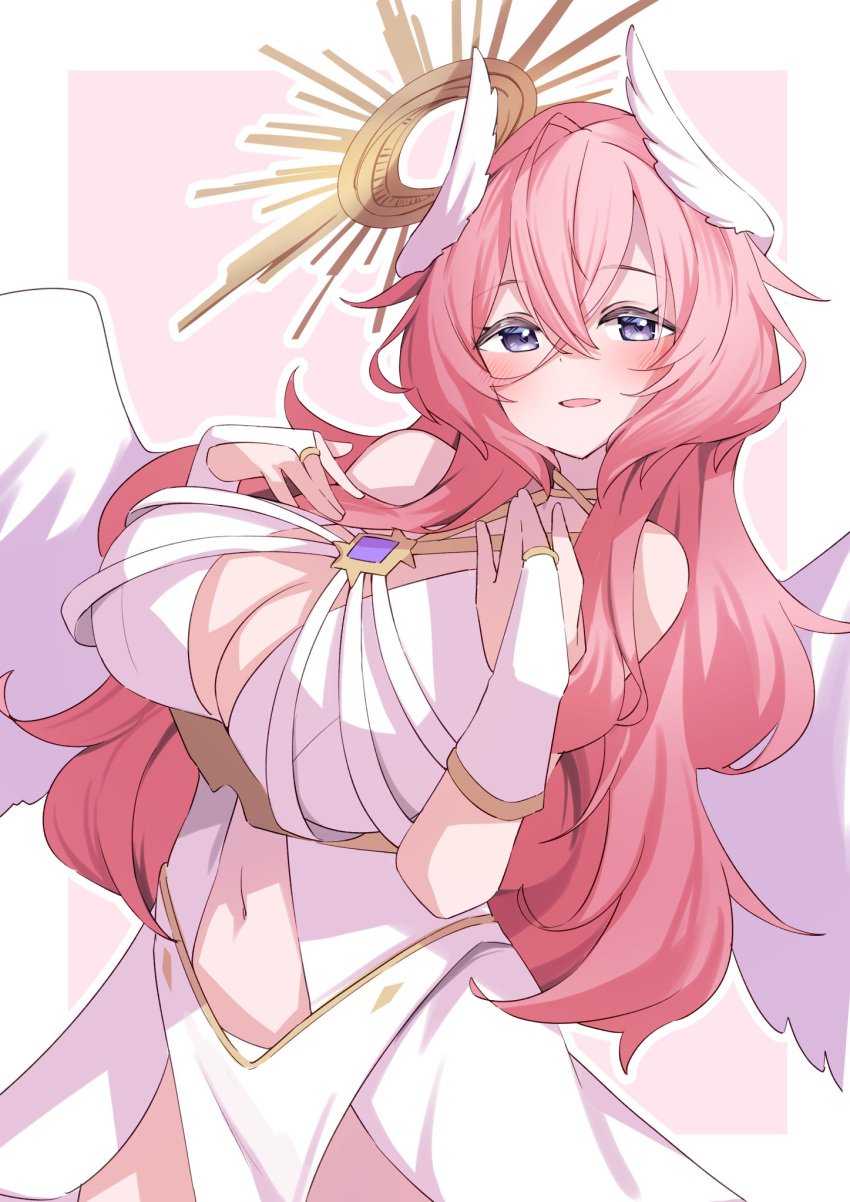 angel angel_wings bridal_gauntlets cleavage dress feathered_wings female female_only huge_breasts long_hair navel pink_hair purple_eyes six_box smile solo vrchat wings