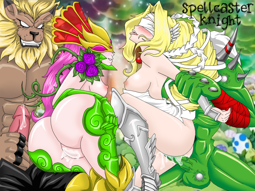 2boys 2girls blonde_hair ceresmon cum cum_in_pussy cum_inside digimon digimon_(species) female interspecies leomon male ogremon olympos_xii pink_hair smile spellcaster_knight straight tongue_out venusmon