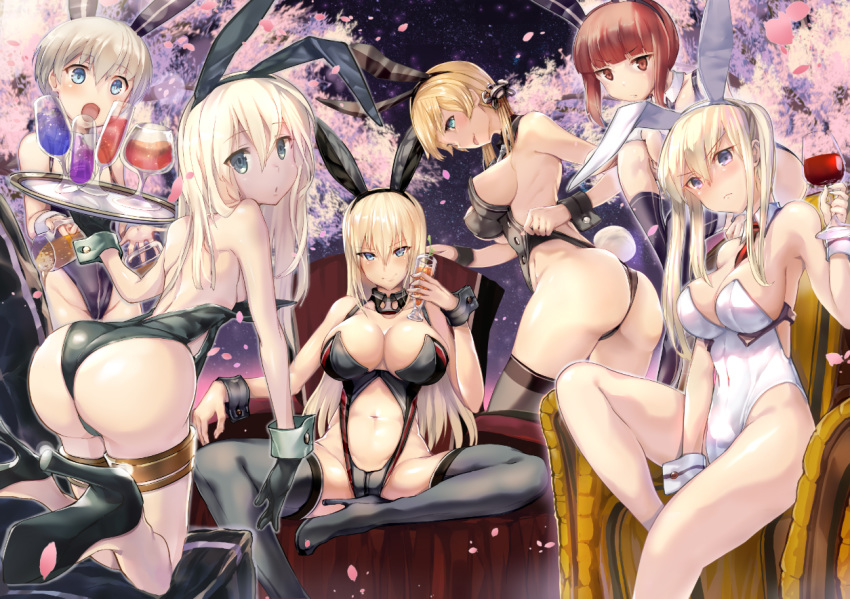 6+girls alcohol alternate_costume anchor_hair_ornament animal_ears aqua_eyes arched_back arm_support armadillo-tokage armpits ass auburn_hair backless_outfit bangs bare_legs bare_shoulders bent_over between_breasts between_legs bismarck_(kantai_collection) black_gloves black_leotard blonde_hair blue_eyes blunt_bangs boots bow bowtie breasts brown_eyes brown_hair bunny_ears bunny_girl bunny_tail bunnysuit chair cherry_blossoms cleavage covered_navel cup detached_collar detached_sleeves drinking_glass eyebrows_visible_through_hair fake_animal_ears from_behind gloves graf_zeppelin_(kantai_collection) grey_legwear groin hair_between_eyes hair_ornament hairband halterneck high_heel_boots high_heels holding_glass iron_cross kantai_collection large_breasts leotard leotard_pull lips long_hair looking_at_viewer looking_back low_twintails medium_breasts multiple_girls navel navel_cutout necktie necktie_between_breasts open_mouth partially_visible_vulva playboy_bunny_leotard prinz_eugen_(kantai_collection) serious short_hair sideboob sidelocks silver_hair simple_background sitting skindentation small_breasts smile spread_legs straight_hair tail thighhighs thighs tied_hair tongue tongue_out tray tsurime twintails u-511_(kantai_collection) white_background white_legwear white_leotard wine wine_glass wrist_cuffs z1_leberecht_maass_(kantai_collection) z3_max_schultz_(kantai_collection)