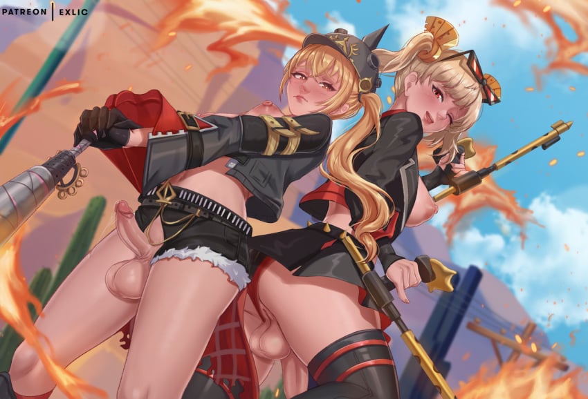 2futas areolae balls big_areola big_balls big_breasts blonde_hair breasts breasts_out burnice_white clothed clothing duo erection exlic eyewear_on_head full-package_futanari futa_only futanari glasses_on_head hair_ornament hoyoverse light-skinned_futanari light_skin luciana_de_montefio medium_penis mostly_clothed nipples penis penis_out puffy_nipples red_eyes skirt small_breasts smooth_balls smooth_penis standing twintails zenless_zone_zero