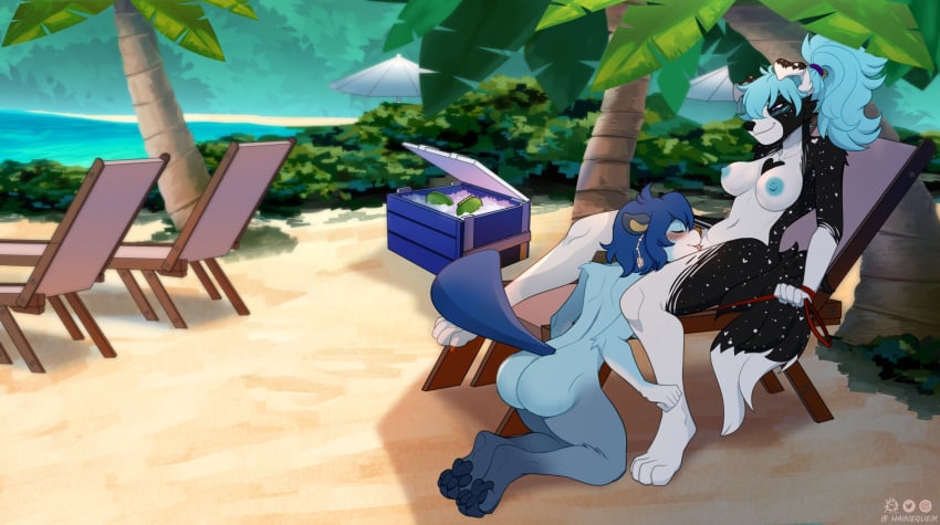 anthro beach bikini blush breasts clothing cunnilingus duo ear_piercing ear_ring female female/female generation_5_pokemon hainequem hi_res leash_grab leashed_female looking_at_another looking_at_partner minatsu_(boredomtool) nintendo on_lap oral oshawott piercing pokemon pokemon_(species) ring_piercing sand sex swimwear two-piece_swimsuit vaginal_penetration