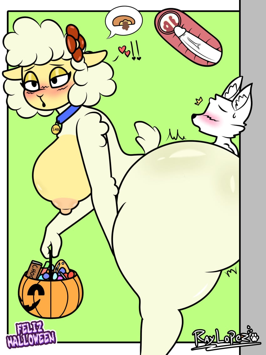 !! 1boy1girl anthro ass_bigger_than_head ass_on_wall beige_fur bending big_breasts blush blush_lines bubble_butt collar cum cum_inside enjoying eyebrows eyeshadow female_penetrated fox furry halloween heart hi_res highres holidays looking_back massive_ass no_eyes open_mouth pumkin raylopez sha_(the_walten_files) sheep simple_background text the_walten_files thick_thighs trapped trapped_in_butt white_fur white_wool wool_(fur)