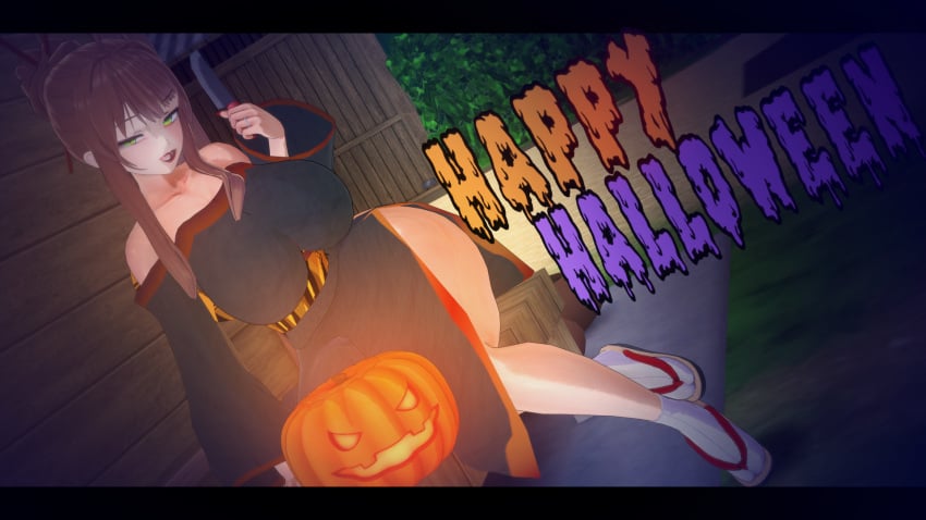 1girls 3d big_breasts clothed doki_doki_literature_club geisha halloween i_do_things_(thingsdoi) koikatsu looking_at_viewer monika_(doki_doki_literature_club) no_sex safe_for_work sfw slit_dress solo thick_thighs vampire