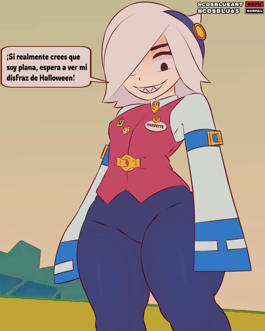 big_ass big_muscles big_thighs body_fur brawl_stars colette_(brawl_stars) cosblueart crazy_smile dialogue expressionless pussy spanish_text supercell text text_bubble thighs thighs_together