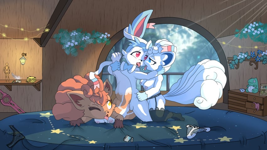 2girls1boy alolan_vulpix anthro anthro_only artist_request eeveelution female flowers furry furry_female furry_male furry_only langerie male male/female monado nintendo pokemon pokemon_(species) regional_form_(pokemon) shiny_pokemon stockings sylveon tree_house trio vulpix