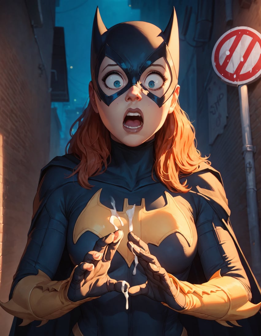 ai_generated alley barbara_gordon batgirl batman_(series) caught caught_in_the_act caught_masturbating covering cum cum_on_body cum_on_hand dc dc_comics female innocent night open_mouth pov red_hair rtxfus rtxfus34 ruined_for_marriage shocked solo superheroine