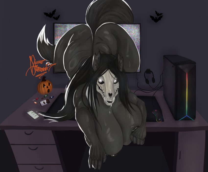 anthro ass bats_in_background big_breasts big_butt black_body black_fur bone breasts candy computer computer_mouse dark_room desk desktop dessert electronics female food fruit fur furniture giovannilol19 glowing glowing_eyes headgear headphones headset holidays mal0 mousepad phone plant pumpkin scp-1471 scp-1471-a scp_foundation skull skull_head solo table tail thick_tail thick_thighs