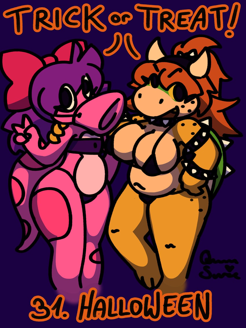 absurd_res anthro big_breasts bikini bikini_bottom bikini_top birdo bowser breasts clothing cosplay costume countershading crossover crossover_cosplay cuff_(restraint) deltarune dinosaur duo fake_horns fake_snout featureless_chest female flat_chested freckled_face freckled_hips freckles green_shell hair halloween hi_res holidays horn kinktober kinktober_2024 koopa lizard long_hair long_tail mario_(series) messy_hair nintendo orange_body pink_body pink_spots prehistoric_species purple_hair queen_susie red_hair reptile restraints scalie shackles shell signature slightly_chubby spiked_shell spikes spikes_(anatomy) spots susie_(deltarune) swimwear tail text thick_thighs topwear trick-or-treating trixie_(queen_susie) tube_top turtle turtle_shell two-piece_swimsuit undertale_(series) wrist_cuffs yellow_eyes yellow_sclera