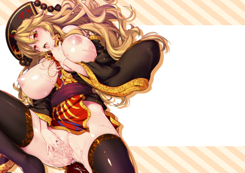 anus bangs bare_shoulders black_dress black_legwear blonde_hair blush breasts breasts_out chinese_clothes come_hither covering covering_crotch crescent detached_sleeves dress female grey_legwear hat junko junko_(touhou) large_breasts long_hair long_sleeves looking_at_viewer mature nipples no_panties open_mouth ouma_tokiichi red_eyes sash solo spread_legs tabard thighhighs tongue tongue_out touhou wide_sleeves