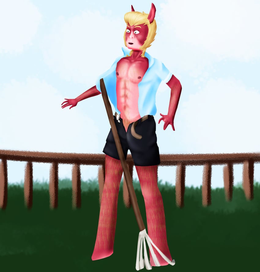 arm_hair blonde_hair body_hair button_down_shirt button_up_shirt chance_selby chest_hair experiment fence flat_nose freckles freckles_on_face grey_eyes horse_boy horse_ears leg_hair lineless male male_only oc open_shirt opened_shirt original_character outside pubic_hair_peek rake red_skin segapop551 shirt_open shirt_opened shocked shocked_expression shorts sideburns skin_markings solo solo_male stepping_on_rake surprised surprised_expression sweat sweatdrops sweaty