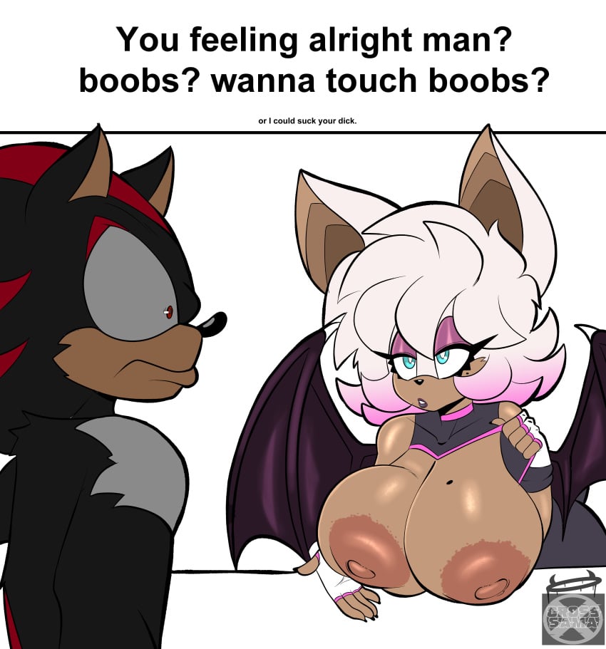 1boy 1girls anthro areolae bat big_breasts boobs?_wanna_touch_boobs? breasts breasts_out busty caption chiropteran cross_samax female hedgehog huge_breasts large_breasts male meme nipples png rouge_the_bat shadow_the_hedgehog sonic_(series) sonic_the_hedgehog_(series) wings