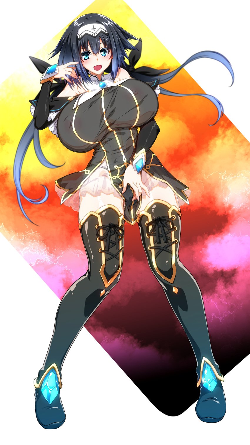 1girls 2d 2d_(artwork) big_breast big_breasts black_hair blue_eyes boots breasts clothed date_a_live dress light-skinned_female long_boots long_hair nibelcole no_text_version nun panties solo solo_female thighs touching_pussy variant_set