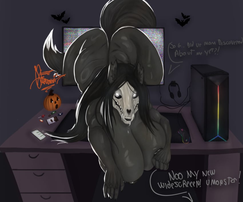 anthro ass bats_in_background big_breasts big_butt black_body black_fur bone breasts candy computer computer_mouse dark_room desk desktop dessert dialogue electronics female food fruit fur furniture giovannilol19 glowing glowing_eyes halloween headgear headphones headset holidays mal0 mousepad phone plant pumpkin scp-1471 scp-1471-a scp_foundation skull skull_head solo table tail thick_tail thick_thighs