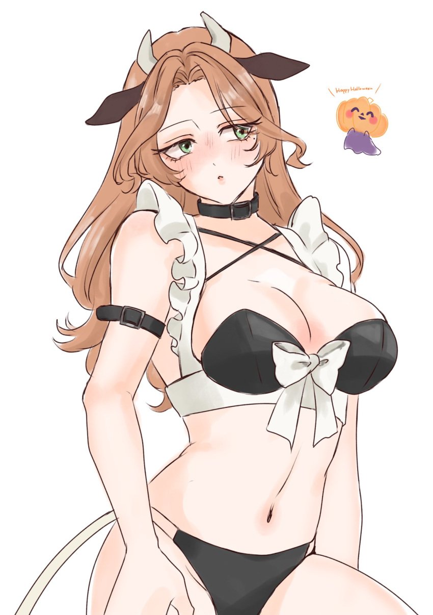 1girls alicja_da_lontano animal_ears belly_button blush breasts brown_hair cleavage clothed clothing cow_girl cow_horns cow_tail female female_only globie green_eyes halloween horns huge_breasts light-skinned_female light_skin roruau_(roruau_kkn) solo tail virtual_youtuber