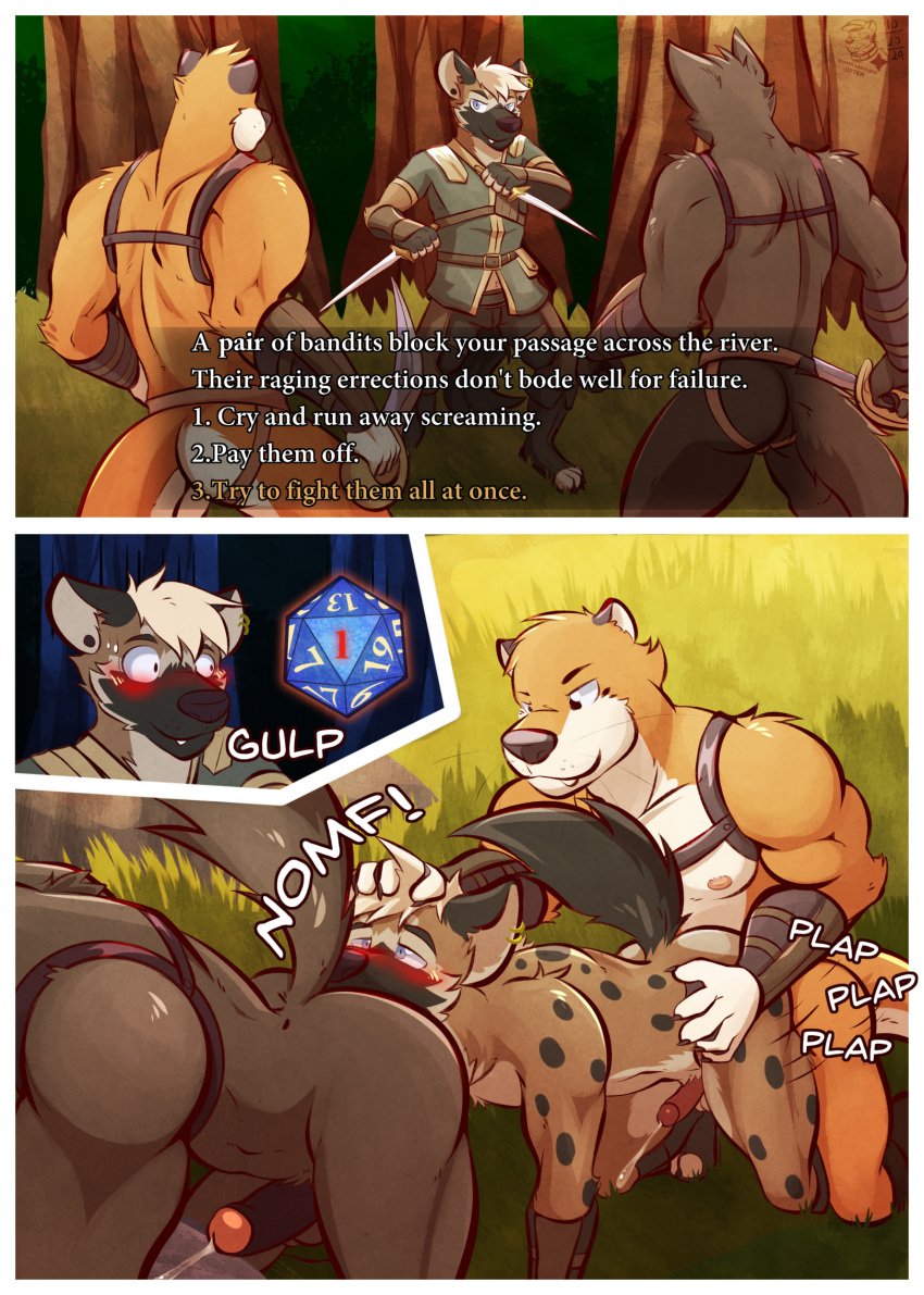 anthro armor ass baldur's_gate baldur's_gate_3 bodily_fluids canid canine canis clothing comic cum dagger dice dice_roll doggy_style fangs from_behind_position gay genital_fluids genitals group group_sex harness hi_res hyena jockstrap male male/male male_only mammal melee_weapon mustelid nipples otter penis rogue sex sword teeth text threesome trio underwear ventkazemaru weapon whiskers wolf yaoi