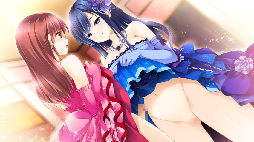 1boy asakura_chihiro bare_shoulders blue_dress blue_eyes blue_hair blush bottomless breasts brown_hair censored cleavage crossdressing dress dress_lift earrings elbow_gloves erection female flower gloves hair_flower hair_ornament highres jewelry large_breasts lifted_by_self light_particles long_hair makise_satsuki mosaic_censoring navel necklace no_panties open_mouth otome_ga_irodoru_koi_no_essence penis pink_dress pussy smile sparkle trap yellow_eyes zinno