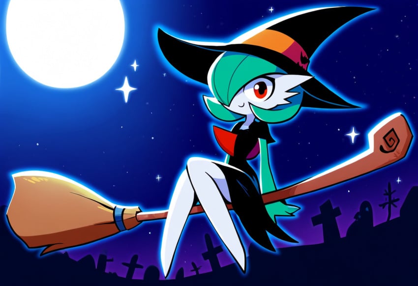 ai_generated broom_riding full_moon gardevoir night novelai pokemon pokemon_(species) witch_costume