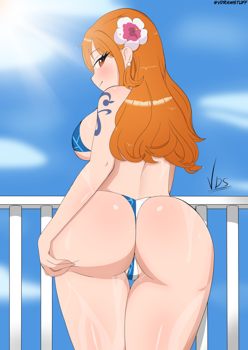 ass big_ass bikini brown_eyes female female_only long_hair nami nami_(one_piece) ocean one_piece orange_hair seductive sky tagme tattoo vdrawstuff