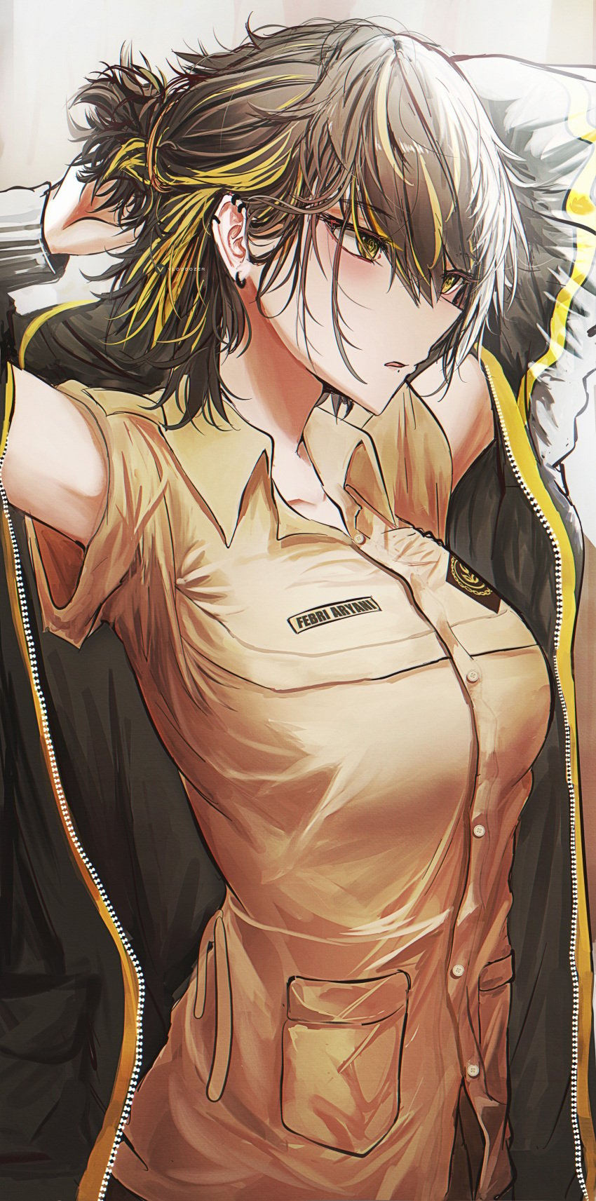 1girls 2023 armpit arms_behind arms_behind_back arms_behind_head beauty_mark beauty_mark_under_mouth beauty_spot big_breasts black_hair black_jacket breasts brown_shirt busty busty_female buttoned_shirt buttons cleavage clothed clothed_female collared collared_shirt ear ear_piercing ear_piercings earring earrings epaulets epaulettes febri_aryani_(vloodozer) female female_focus female_only female_solo fully_clothed girl gold_trim hair hair_between_eyes huge_boobs huge_breasts huge_tits_teen indonesian indonesian_scout_uniform jacket july mole mole_under_mouth mouth no_sex open_jacket open_mouth pale-skinned_female pale_skin pale_skinned_female parted_lips pixiv pixiv_url pockets scout scout_uniform shaved_armpit shirt shirt_pocket short_hair simple_background solo_female solo_focus symbol symbols two-tone_hair two_tone_hair tying tying_hair uniform vloodozer white_background wrinkles wrinkles_in_clothes