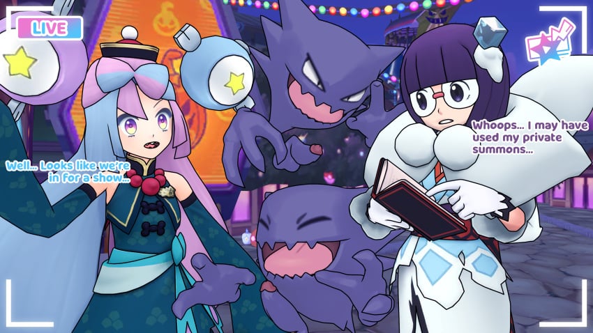 2girls clothed floating_penis fully_clothed glasses halloween haunter iono_(fall_2024)_(pokemon_masters) iono_(pokemon) light_blue_hair livestream penis pink_eyes pink_hair pokemon pokemon_(species) pokemon_bw pokemon_bw2 pokemon_masters pokemon_masters_ex pokemon_sv purple_eyes purple_hair saucemon7 self_upload shauntal_(fall_2024)_(pokemon_masters) shauntal_(pokemon) star_eyes talking_to_another talking_to_viewer text