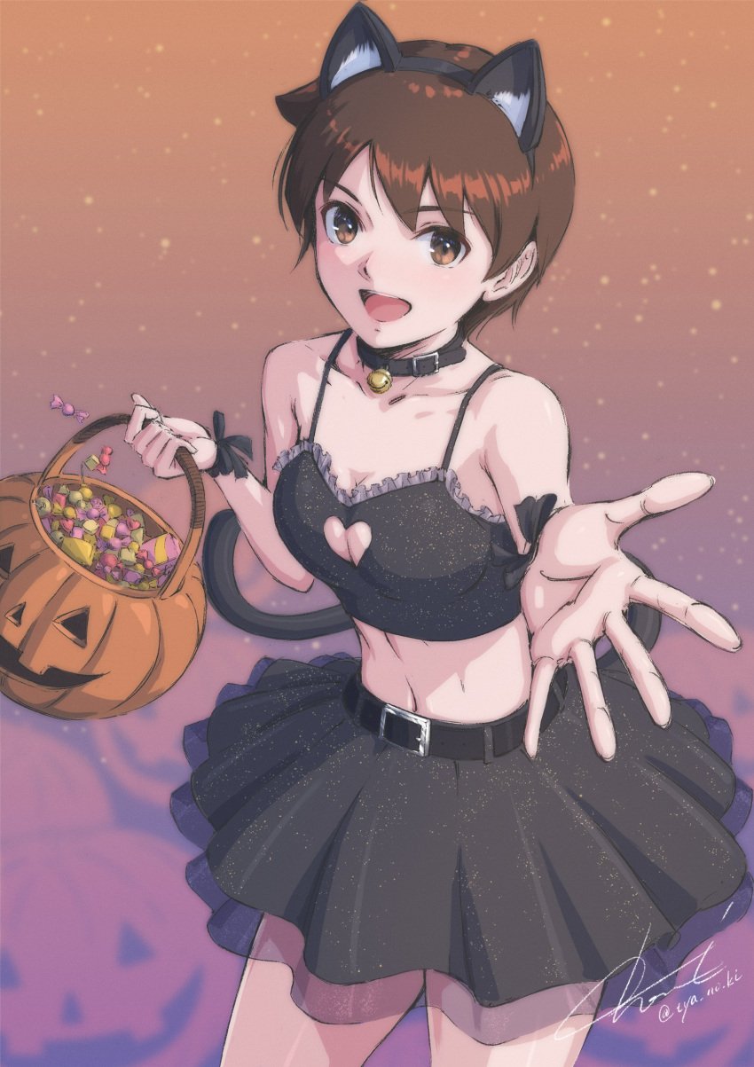 1girls :d absurd_res animal_ears animal_tail basket bell bell_collar belt breasts brown_eyes brown_hair candy capcom cat_ears cat_tail catgirl cleavage cleavage_cutout collar gradient_background halloween halloween_costume heart_cutout hi_res jack-o'-lantern matching_hair/eyes medium_breasts midriff navel open_mouth pumpkin_basket reaching_towards_viewer sakura_kasugano short_hair signature skirt smile solo standing street_fighter tank_top trick_or_treat tyanoki