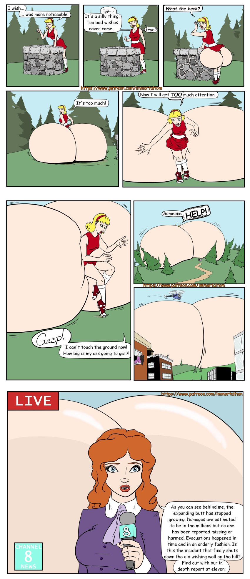 ass ass_bigger_than_body ass_bigger_than_city ass_expansion bottom_heavy colored comic dialogue female hyper_ass immobile immortaltom inflation tagme wishing_well