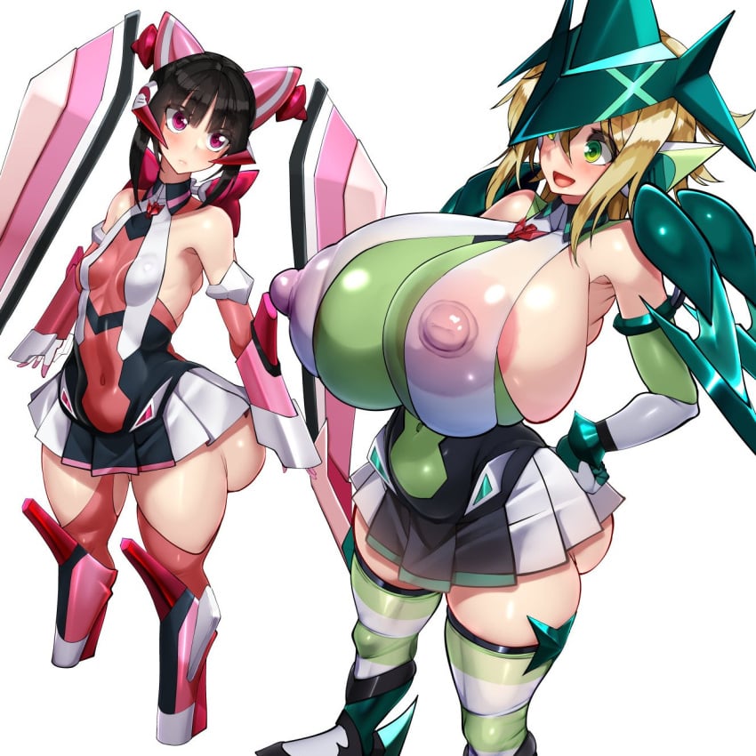 2girls akatsuki_kirika big_ass big_breasts black_hair blonde_hair breasts_bigger_than_head exhibitionism green_eyes kawahagitei magical_girl one_eye_covered pink_areola pink_nipples red_eyes senki_zesshou_symphogear skirt thighhighs tsukuyomi_shirabe