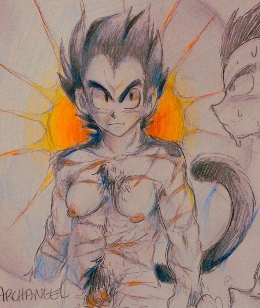 andromorph bodily_fluids colored_pencil_(artwork) cuntboy dragon_ball genderswap genderswap_(mti) hi_res humanoid intersex nipples rule_63 saiyan shonencore solo sun sweat tail tailed_humanoid traditional_media_(artwork)