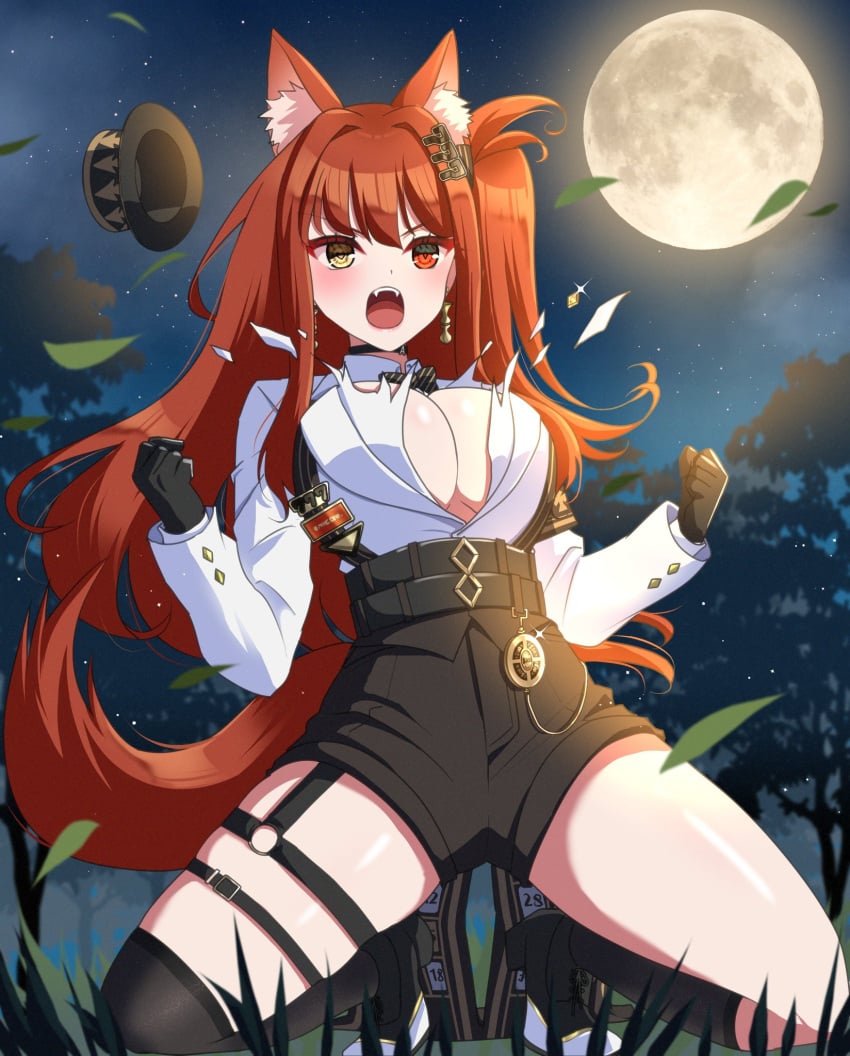 1girls animal_ears black_gloves blush clothed clothing daiya_fortuna erenshu eyebrows_visible_through_hair female female_only full_moon gloves hair_ornament hat hat_fell_down light-skinned_female light_skin moon open_mouth pixellink red_eye red_hair solo tail virtual_youtuber wolf_ears wolf_tail yellow_eye