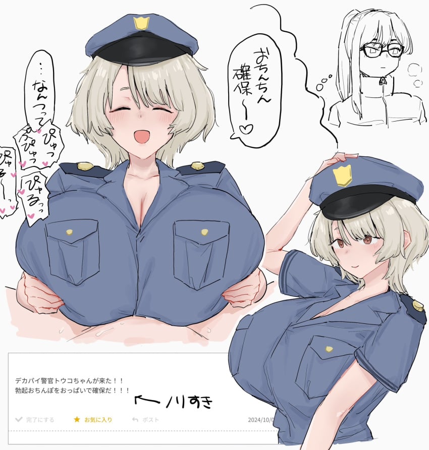 2girls :d breasts brown_eyes cleavage grey_hair hat highres huge_breasts implied_futanari implied_yuri medium_hair multiple_girls odaibako original paizuri paizuri_under_clothes peaked_cap police police_uniform policewoman pov simple_background smile toome touko_(toome) white_background yuri