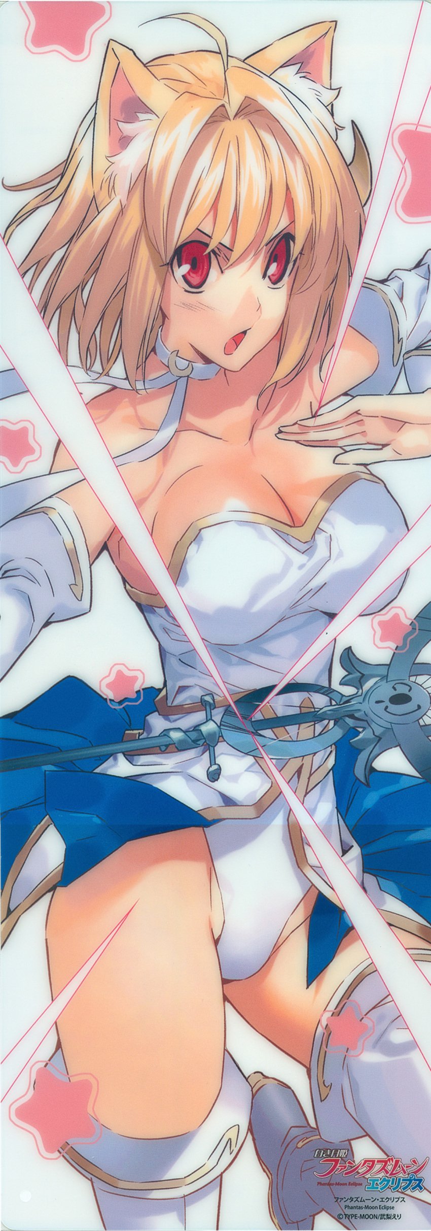 00s absurdres animal_ears arcueid_brunestud bare_shoulders big_breasts blonde_hair boots breasts cleavage crescent crescent_hair_ornament elbow_gloves female female_focus gloves hair_ornament highres large_breasts long_image magical_girl morii_shizuki phantas-moon red_eyes solo staff tall_image thigh_boots thighhighs tsukihime