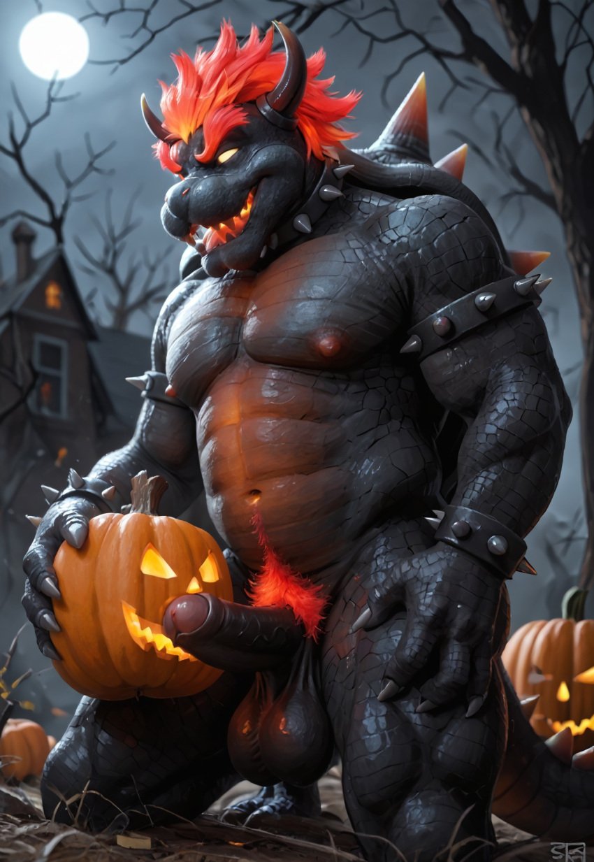 1boy 1male 1man abs ai_generated anthro balls ballsack big_balls big_cock big_dick big_penis big_testicles black_body black_skin bowser bowser's_fury civitai claws erect_penis erection foreskin fury_bowser genitals glowing_eyes halloween horns ironwill252 koopa male male_nipples male_only mario_(series) nintendo nipples nude nuts nutsack penis pubic_hair pumpkin red_pubic_hair reptile sagging_balls scalie self_upload solo solo_male spikes uncut veiny_penis