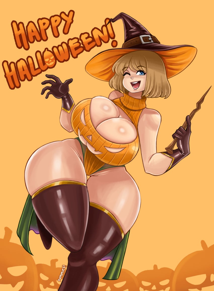 1girls ashley_graham big_breasts big_thighs blonde_hair blue_eyes capcom cleavage female female_only gloves halloween happy_halloween hi_res legwear looking_at_viewer magic_wand orange_background pummies resident_evil resident_evil_4 sleeveless_sweater smiling smiling_at_viewer solo sweater thick_thighs thighhighs wide_hips wink winking_at_viewer witch_hat