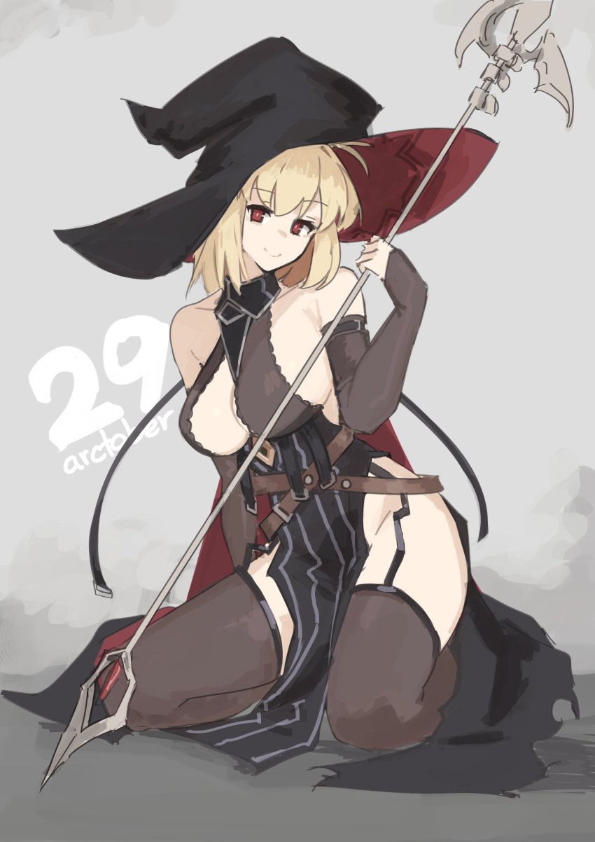 absurdres arcueid_brunestud bare_shoulders big_breasts blonde_hair breasts cleavage cosplay detached_sleeves female garter_straps gloves granblue_fantasy hair_between_eyes halloween hat highres holding holding_staff jonyeld large_breasts looking_at_viewer magisa_(granblue_fantasy) magisa_(granblue_fantasy)_(cosplay) red_eyes short_hair smile solo staff thighhighs thighs tsukihime witch_hat