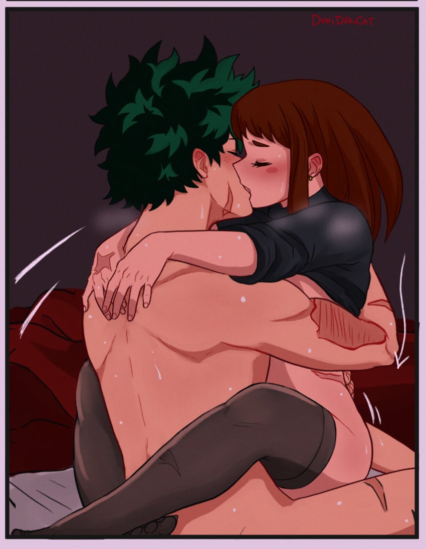 1boy 1boy1girl 1girls arms_around_back arms_around_neck bed blanket blush boku_no_hero_academia brown_hair deku dokidokicat earrings green_hair izuku_midoriya kissing legs_wrapped_around_partner male male/female married_couple midoriya_izuku muscular_male my_hero_academia ochaco_uraraka ochako_uraraka riding romantic romantic_ambiance romantic_couple scar thighhighs uraraka_ochako uravity