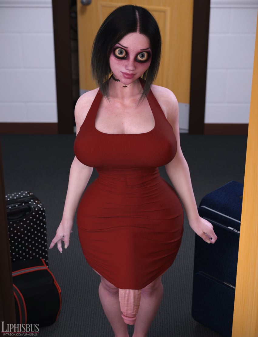 1futa 3d big_breasts big_penis blue_eyes bob_cut collar corridor creepy daz_studio dress futa_focus futa_only futanari light-skinned_futanari light_skin liphisbus looking_at_viewer luggage oc original original_character penis_peek red_dress scary scary_eyes susan_(liphisbus) tagme white_skin